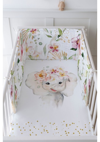 Bebek Başucu Koruyucu ve Baskılı Çarşaflı Uyku Seti - For Baby Serisi - Suluboya Fil