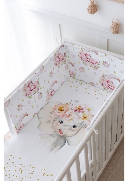 Bebek Başucu Koruyucu ve Baskılı Çarşaflı Uyku Seti - For Baby Serisi - Suluboya Fil modelleri
