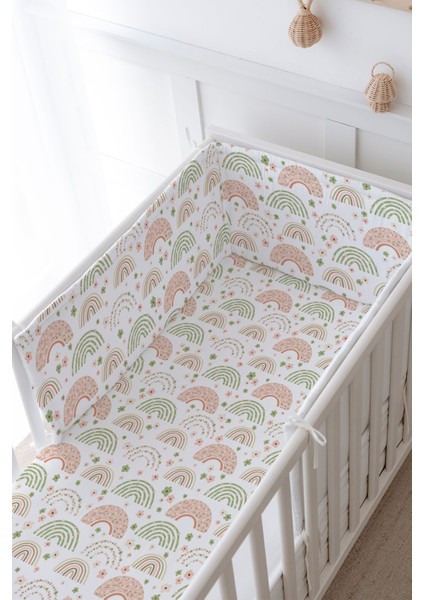 Bebek Başucu Koruyucu ve Baskılı Çarşaflı Uyku Seti - Iconic Serisi - Soft Çiçekli Ay ve Gökkuşağı modelleri