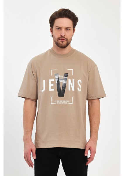Erkek Bisiklet Yaka Jeans Baskılı T-Shirt 7022