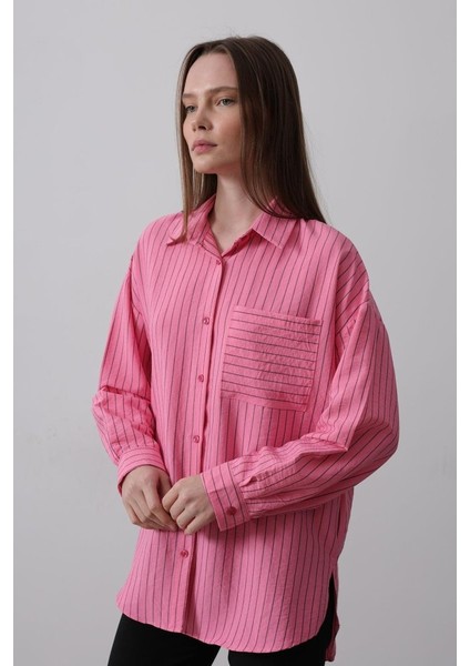 Çizgili Tek Cep Gömlek - Pembe modelleri