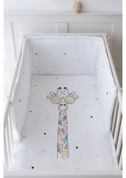Bebek Başucu Koruyucu ve Baskılı Çarşaflı Uyku Seti - Iconic Serisi - Renkli Zürafa