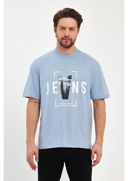 Erkek Bisiklet Yaka Jeans Baskılı T-Shirt 7022