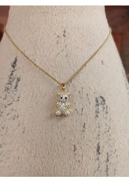 Taşlı Ayıcık Figürlü Çelik Gold Kolye