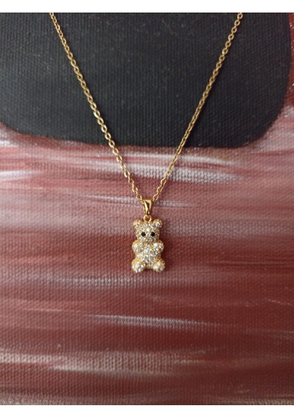 Taşlı Ayıcık Figürlü Çelik Gold Kolye