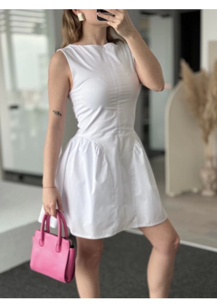 Kadın Fermuar Detaylı Mini Beyaz Nikah Elbise Gece Elbise