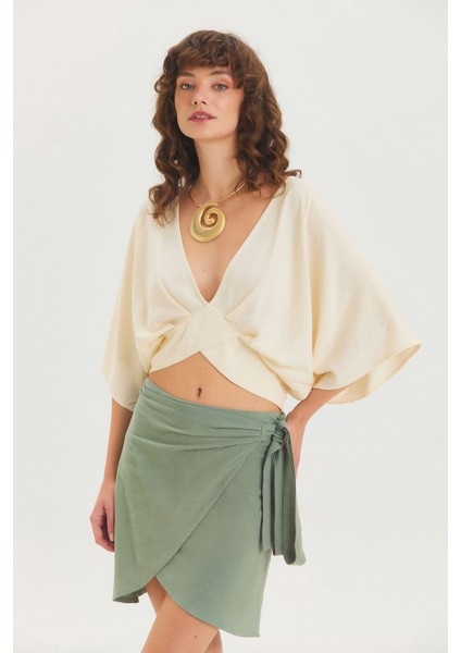 Arkadan Bağlamalı Bohem Crop Bluz Kiremit