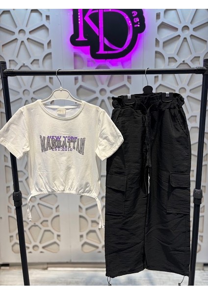 Baskılı Tişört Paçaları Lastikli Paraşüt Kumaş Pantolon Kız Çocuk Alt Üst Takım