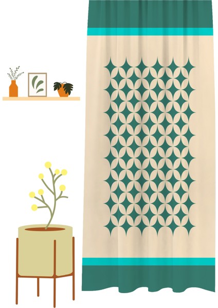Geometrik Şekil Kare Yeşil Bej Desenli Özel Tasarım Dijital Baskılı (Tek Kanat) Modern Şık Fon Perde