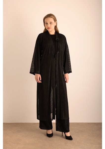 Çiçek Broş Detaylı Örme Simli Kimono
