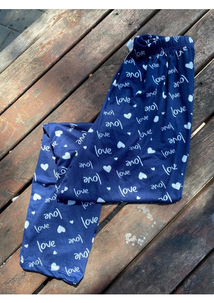 Yazlık Yumuşak Dokulu Pijama Altı Lacivert Love Desenli