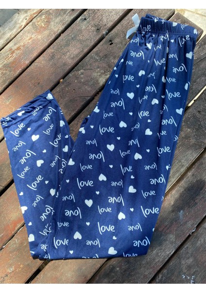 Yazlık Yumuşak Dokulu Pijama Altı Lacivert Love Desenli fırsatları