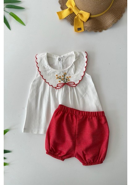 Yaka Nakış Detaylo Şortlu Kız Bebe 2 li takım - Kırmızı