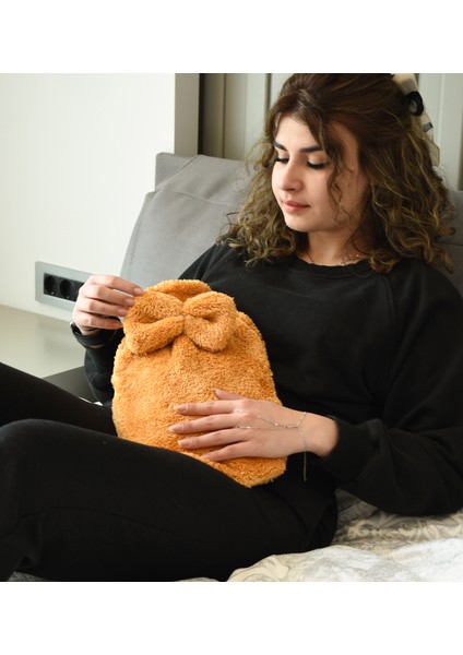 Pababo Yumuşak Peluş Su Torbası Kılıfı Kurdele Detaylı, Sıcak Tutan Tasarım Kahverengi