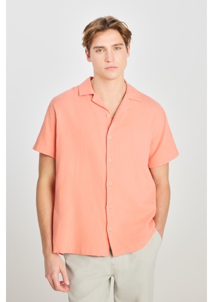 %100 Pamuk Relaxed Fit Geniş Kesim Mercan Rengi Gömlek