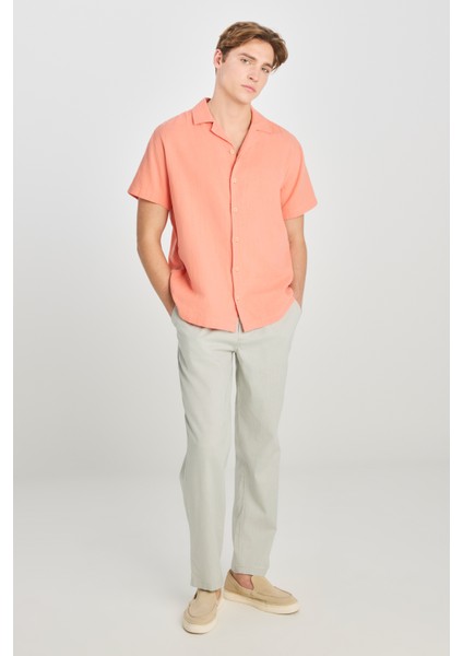 %100 Pamuk Relaxed Fit Geniş Kesim Mercan Rengi Gömlek modelleri