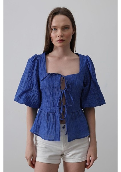 Kadın Mavi Şık Kare Yaka Balon Kol Bluz