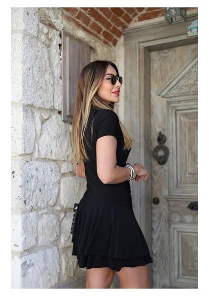 Buketli Kadın Eteği Kat Kat Volanlı Beli Drapeli Kısakol Mini Elbise modelleri