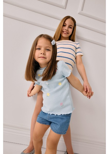 Kız Bebek Bisiklet Yaka Çiçekli Fitilli Kaşkorse Kısa Kollu Tişört E7801A525SM