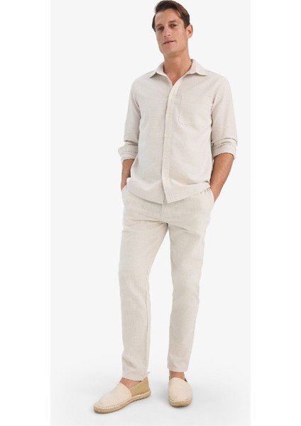 %100 Pamuk Keten Görünümlü Pantolon Beli Lastikli Slim Fit Dar Kesim Cepli Düz Paça D2671AX25SM