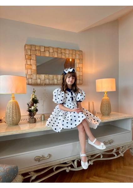 Özel Tasarım, Puantiyeli, Balon Kollu, Düğme Detaylı, Saç Aksesuarlı Kız Çocuk ELBISE_M2451
