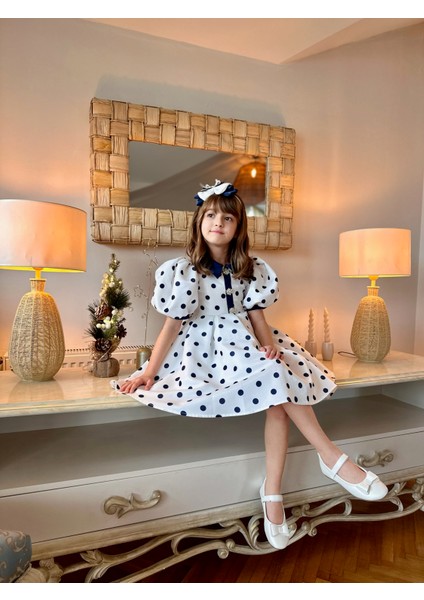 Özel Tasarım, Puantiyeli, Balon Kollu, Düğme Detaylı, Saç Aksesuarlı Kız Çocuk ELBISE_M2451 fiyatları