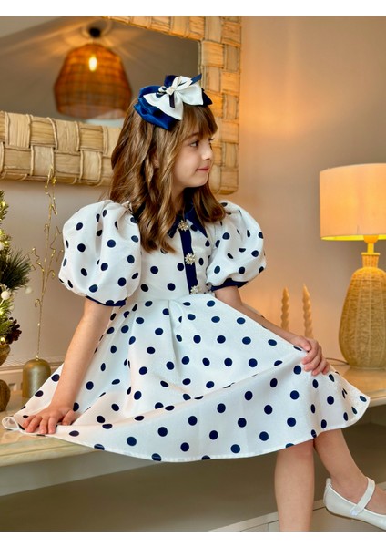 Özel Tasarım, Puantiyeli, Balon Kollu, Düğme Detaylı, Saç Aksesuarlı Kız Çocuk ELBISE_M2451 modelleri