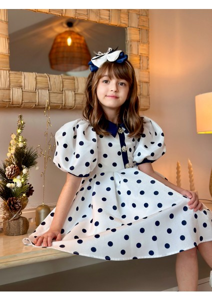 Özel Tasarım, Puantiyeli, Balon Kollu, Düğme Detaylı, Saç Aksesuarlı Kız Çocuk ELBISE_M2451 fırsatları
