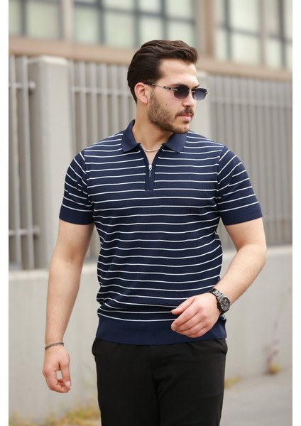Erkek Fermuar Yakalı Çizgili Kısa Kollu T-Shirt