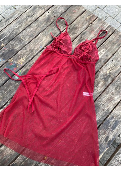 Bordo Tül Dantelli Gecelik