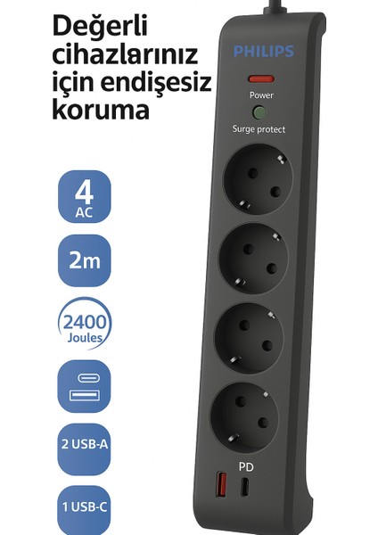 SPN4140GA Akım Korumalı Priz 4'lü + 2x Usb-A 18W + 1x Usb-C 20W - 2m Kablo