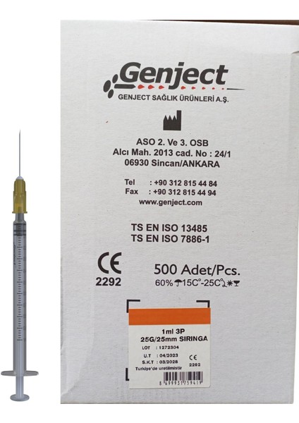 - 1 ml 3p 25G Turuncu 25MM Aşı Insülin Enjektörü - 500 Adet