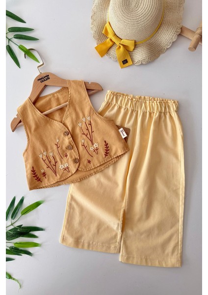 Çiçek Nakışlı Yelekli Pamuklu Kız Çocuk 2 li takım - Hardal