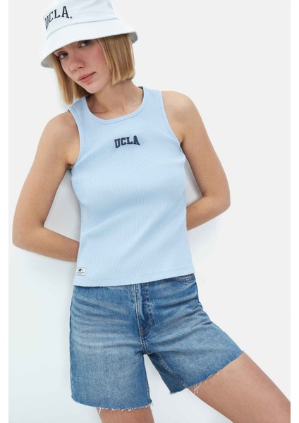 Salınas Gök Mavi Sıfır Kol Nakışlı Standard Fit Kadın Tshirt