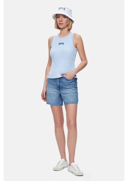 Salınas Gök Mavi Sıfır Kol Nakışlı Standard Fit Kadın Tshirt modelleri