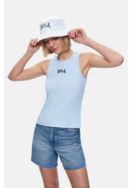 Salınas Gök Mavi Sıfır Kol Nakışlı Standard Fit Kadın Tshirt indirimleri