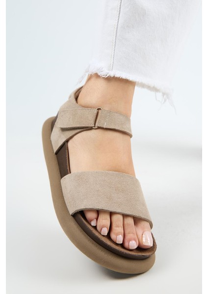 Bronx Kadın Deri Atkılı Cırtlı Taba Sandalet