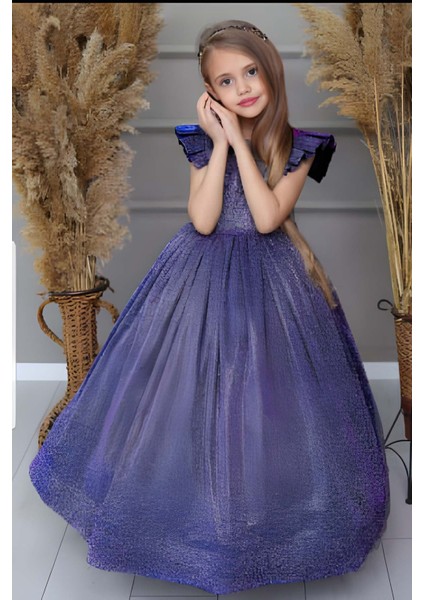 Kız Çocuk Omuzları Fırfır Detaylı Üzeri Simli Pırıltılı Gece Mavisi Abiye