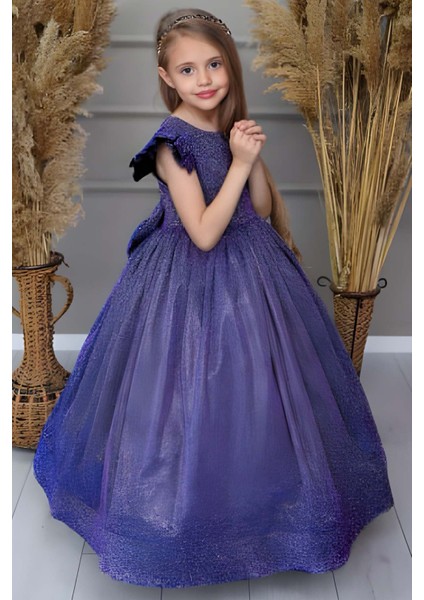 Kız Çocuk Omuzları Fırfır Detaylı Üzeri Simli Pırıltılı Gece Mavisi Abiye fiyatları
