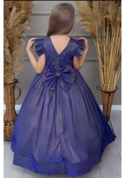 Kız Çocuk Omuzları Fırfır Detaylı Üzeri Simli Pırıltılı Gece Mavisi Abiye modelleri