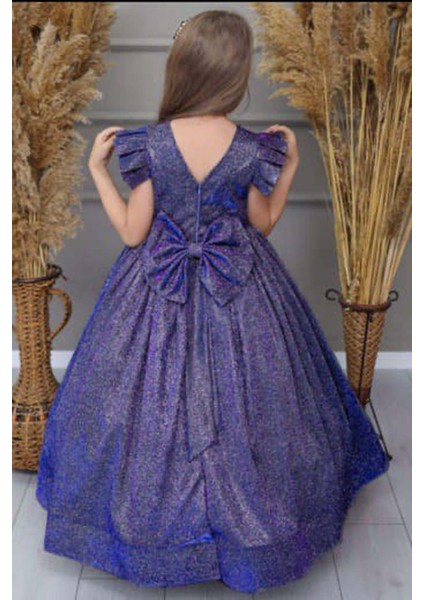 Kız Çocuk Omuzları Fırfır Detaylı Üzeri Simli Pırıltılı Gece Mavisi Abiye fırsatları