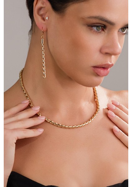 Rose Gold Halat Örgü Kolye ve Küpe Seti