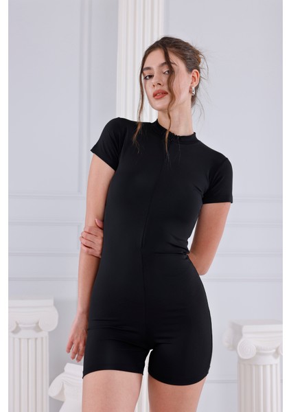 Likralı Siyah Fermuarlı Şortlu Tulum Mayo fiyatları