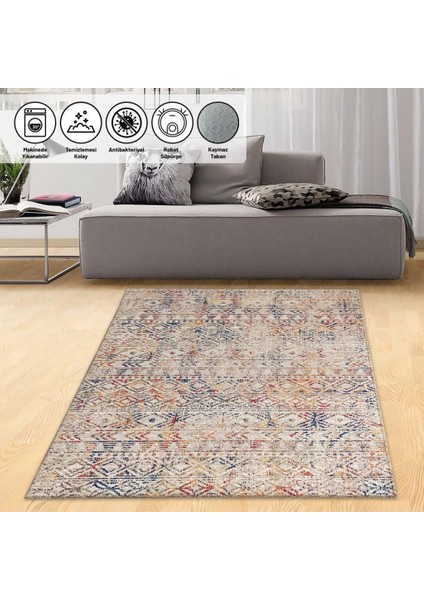 Eskitme Kilim Tasarımlı Halı Kaymaz Taban Makinada Yıkanabilir Iskandinav Tarzı Bej Krem Renkli