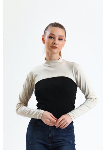 Dik Yaka Boyunluklu Kolluk - Pamuk Bolero Crop, Uzun Kollu Balıkçı Yaka, Rahat ve Şık Tasarım