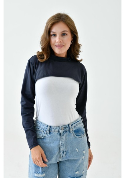Dik Yaka Boyunluklu Kolluk - Pamuk Bolero Crop, Uzun Kollu Balıkçı Yaka, Rahat ve Şık Tasarım