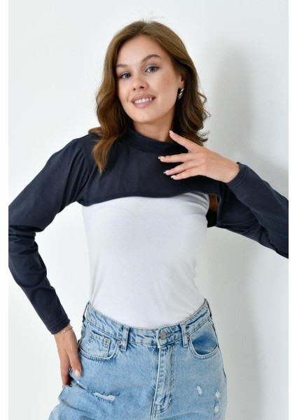 Dik Yaka Boyunluklu Kolluk - Pamuk Bolero Crop, Uzun Kollu Balıkçı Yaka, Rahat ve Şık Tasarım