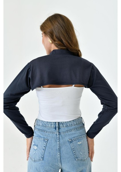 Dik Yaka Boyunluklu Kolluk - Pamuk Bolero Crop, Uzun Kollu Balıkçı Yaka, Rahat ve Şık Tasarım