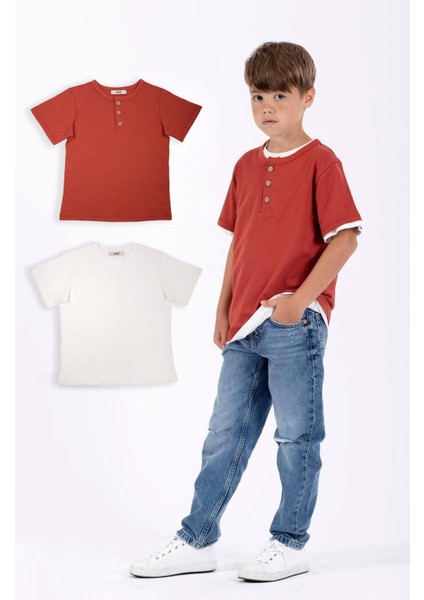 Patlı Dugmelı Basıc Ekru Kiremit Renk Erkek Cocuk Tshırt