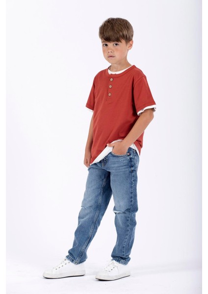 Patlı Dugmelı Basıc Ekru Kiremit Renk Erkek Cocuk Tshırt fiyatları